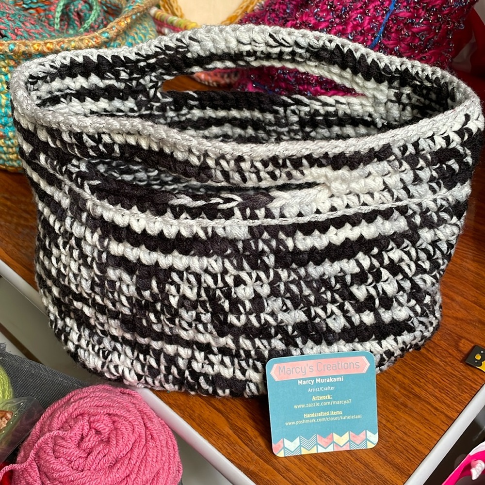 Crocheted baskets/Bag.  Wooden bottom, Black and White.